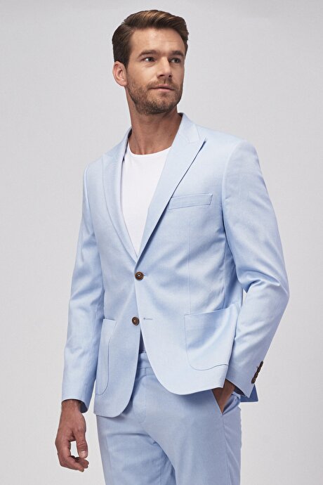 Ekstra Slim Fit Dar Kesim %100 Pamuk Kırlangıç Yaka Mavi Takım Elbise resmi