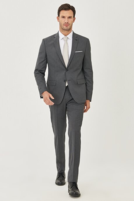 Slim Fit Dar Kesim Mono Yaka Desenli Siyah-Gri Takım Elbise resmi