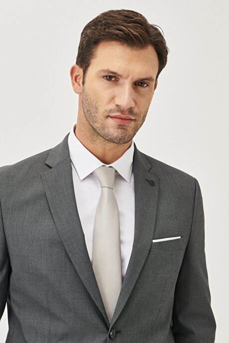 Slim Fit Dar Kesim Mono Yaka Desenli Siyah-Gri Takım Elbise resmi