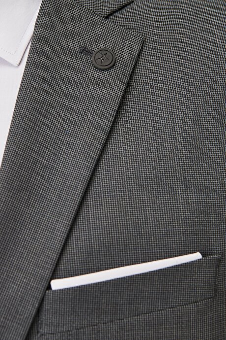 Slim Fit Dar Kesim Mono Yaka Desenli Siyah-Gri Takım Elbise resmi