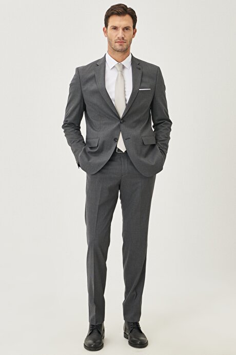 Slim Fit Dar Kesim Mono Yaka Desenli Siyah-Gri Takım Elbise resmi