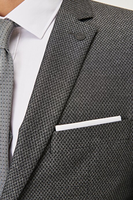 Slim Fit Dar Kesim Mono Yaka Desenli Siyah Takım Elbise resmi