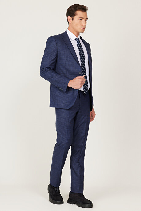 Slim Fit Dar Kesim Mono Yaka Desenli Lacivert Takım Elbise resmi