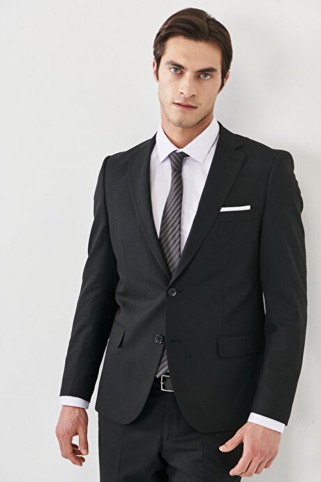 Ekstra Slim Fit Mono Yaka Düz Siyah Takım Elbise resmi
