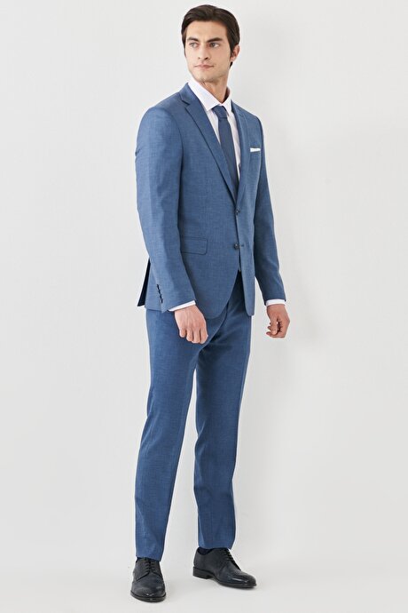 Slim Fit Dar Kesim Mono Yaka Desenli Yünlü Mavi Takım Elbise resmi