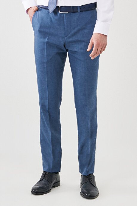 Slim Fit Dar Kesim Mono Yaka Desenli Yünlü Mavi Takım Elbise resmi