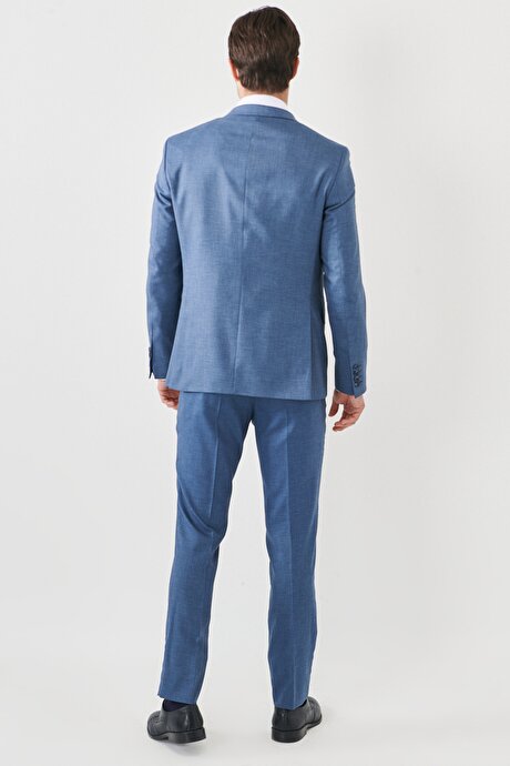 Slim Fit Dar Kesim Mono Yaka Desenli Yünlü Mavi Takım Elbise resmi