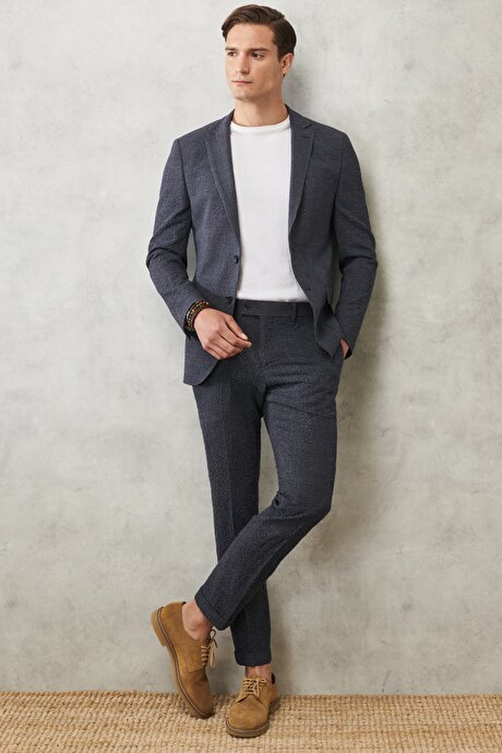 Slim Fit Dar Kesim Mono Yaka Kareli Antrasit-Lacivert Takım Elbise resmi