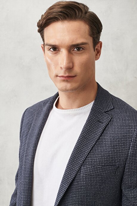 Slim Fit Dar Kesim Mono Yaka Kareli Antrasit-Lacivert Takım Elbise resmi