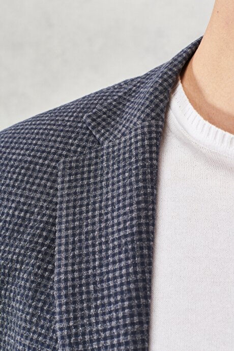 Slim Fit Dar Kesim Mono Yaka Kareli Antrasit-Lacivert Takım Elbise resmi