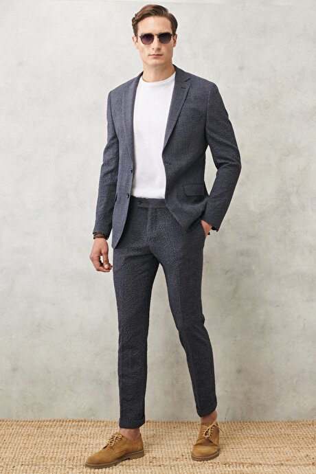 Slim Fit Dar Kesim Mono Yaka Kareli Antrasit-Lacivert Takım Elbise resmi