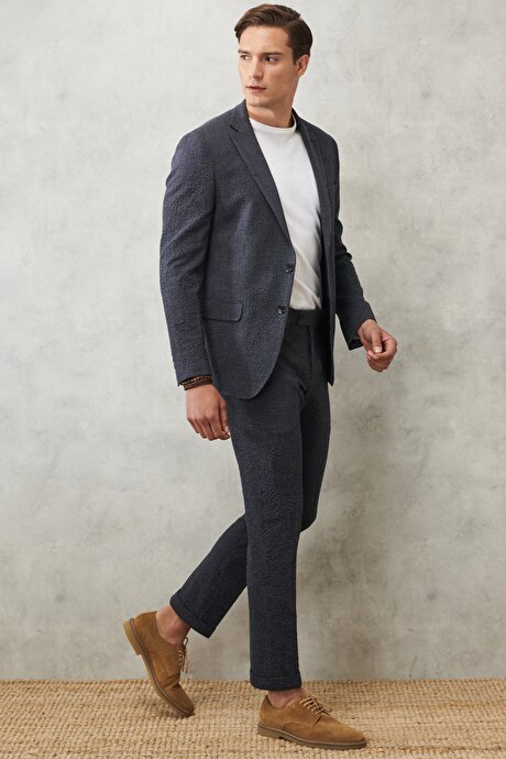 Slim Fit Dar Kesim Mono Yaka Kareli Antrasit-Lacivert Takım Elbise resmi