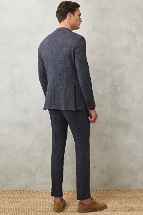 Slim Fit Dar Kesim Mono Yaka Kareli Antrasit-Lacivert Takım Elbise resmi