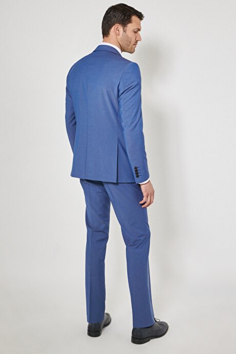 Slim Fit Dar Kesim Mono Yaka Desenli Mavi Takım Elbise resmi