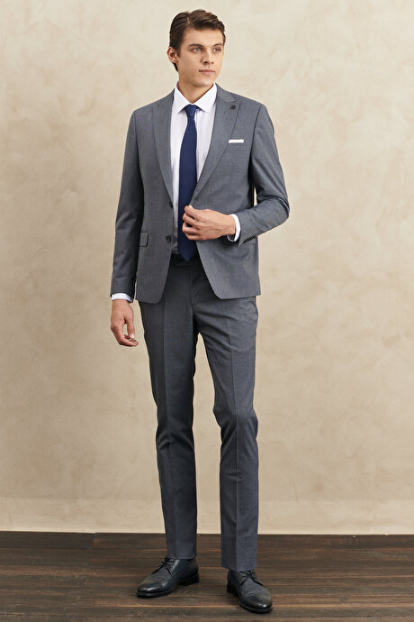 Ekstra Slim Fit Dar Kesim Kırlangıç Yaka Kareli Lacivert-Gri Takım Elbise resmi