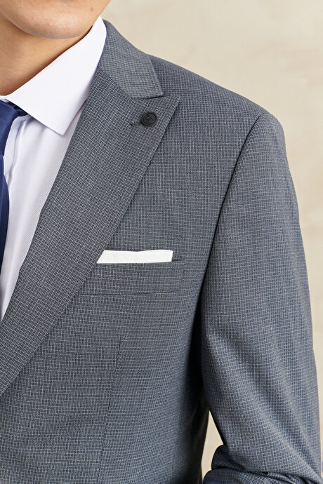 Ekstra Slim Fit Dar Kesim Kırlangıç Yaka Kareli Lacivert-Gri Takım Elbise resmi