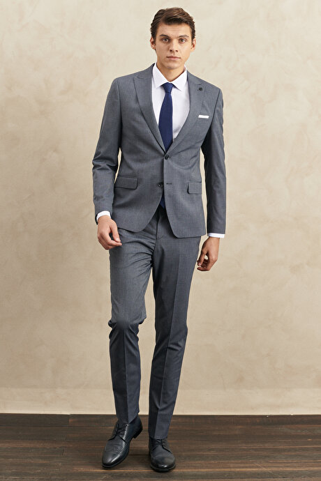 Ekstra Slim Fit Dar Kesim Kırlangıç Yaka Kareli Lacivert-Gri Takım Elbise resmi