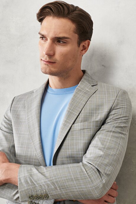 Ekstra Slim Fit Dar Kesim Mono Yaka Takipli Kareli Gri-Mavi Takım Elbise resmi