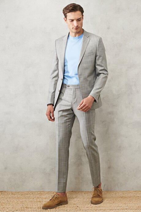 Ekstra Slim Fit Dar Kesim Mono Yaka Takipli Kareli Gri-Mavi Takım Elbise resmi