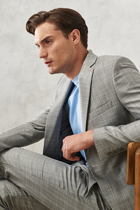 Ekstra Slim Fit Dar Kesim Mono Yaka Takipli Kareli Gri-Mavi Takım Elbise resmi