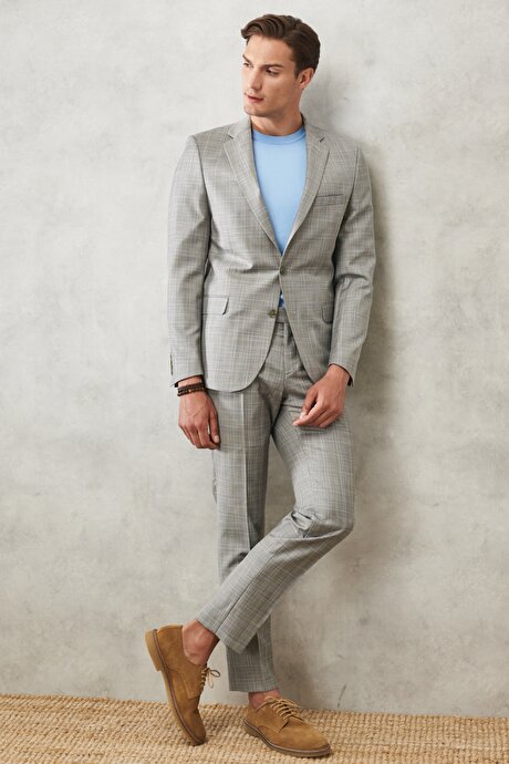 Ekstra Slim Fit Dar Kesim Mono Yaka Takipli Kareli Gri-Mavi Takım Elbise resmi