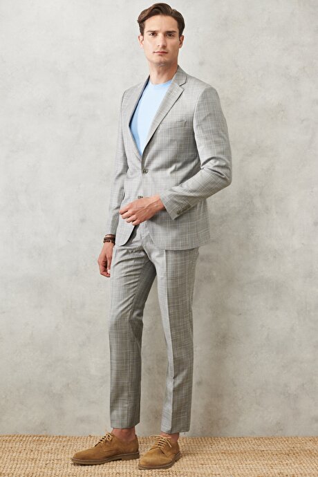 Ekstra Slim Fit Dar Kesim Mono Yaka Takipli Kareli Gri-Mavi Takım Elbise resmi