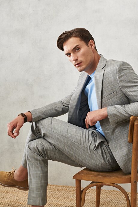 Ekstra Slim Fit Dar Kesim Mono Yaka Takipli Kareli Gri-Mavi Takım Elbise resmi