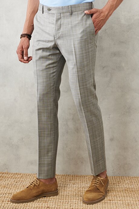 Ekstra Slim Fit Dar Kesim Mono Yaka Takipli Kareli Gri-Mavi Takım Elbise resmi