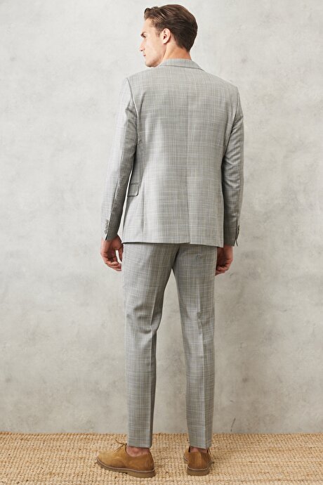 Ekstra Slim Fit Dar Kesim Mono Yaka Takipli Kareli Gri-Mavi Takım Elbise resmi