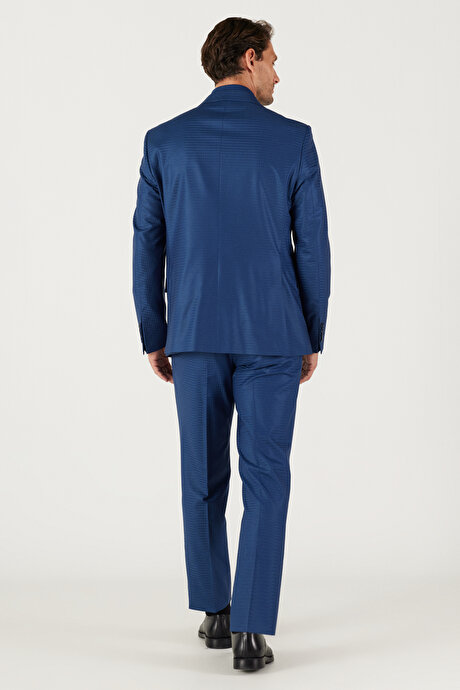 Slim Fit Dar Kesim Mono Yaka Kareli Klasik Yünlü Mavi Takim Elbise resmi