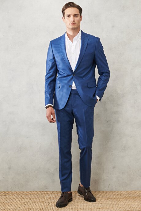 Slim Fit Dar Kesim Mono Yaka Kareli Klasik Yünlü Mavi Takım Elbise resmi