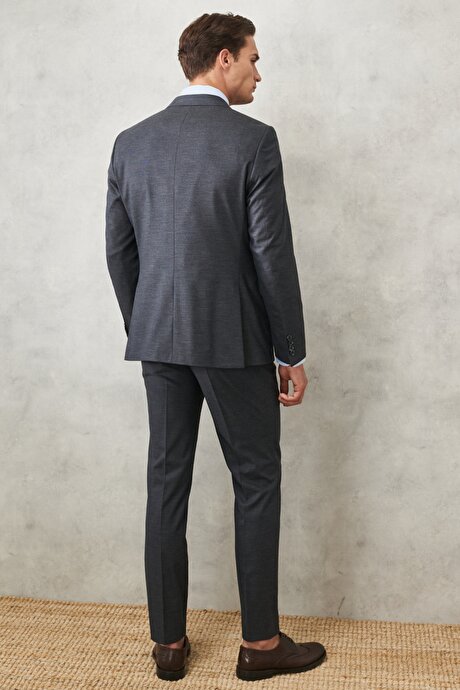 Slim Fit Dar Kesim Kırlangıç Yaka Desenli Klasik Antrasit Takım Elbise resmi