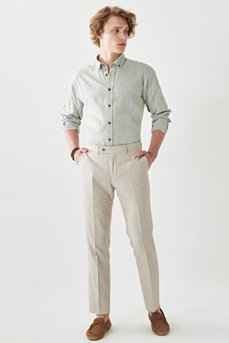 Slim Fit Dar Kesim Mono Yaka Desenli Bej Takım Elbise resmi