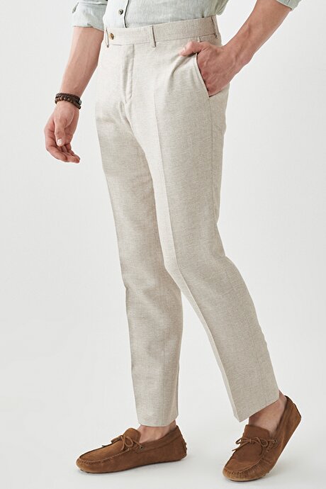 Slim Fit Dar Kesim Mono Yaka Desenli Bej Takım Elbise resmi