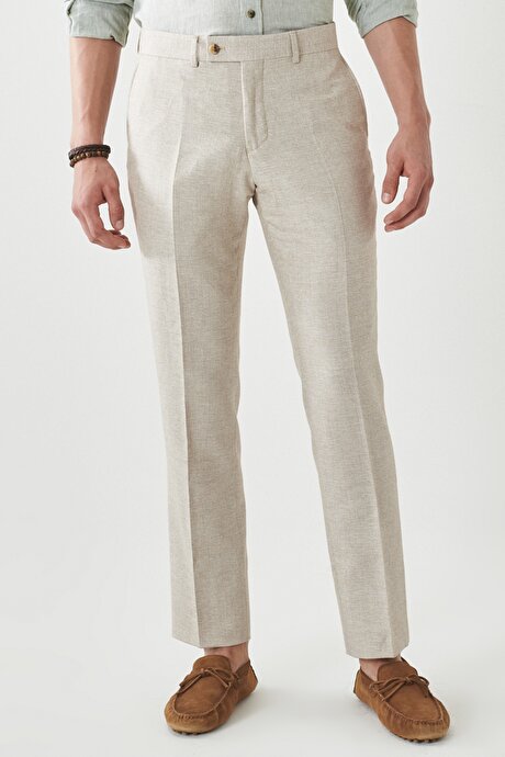 Slim Fit Dar Kesim Mono Yaka Desenli Bej Takım Elbise resmi