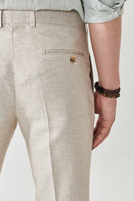 Slim Fit Dar Kesim Mono Yaka Desenli Bej Takım Elbise resmi