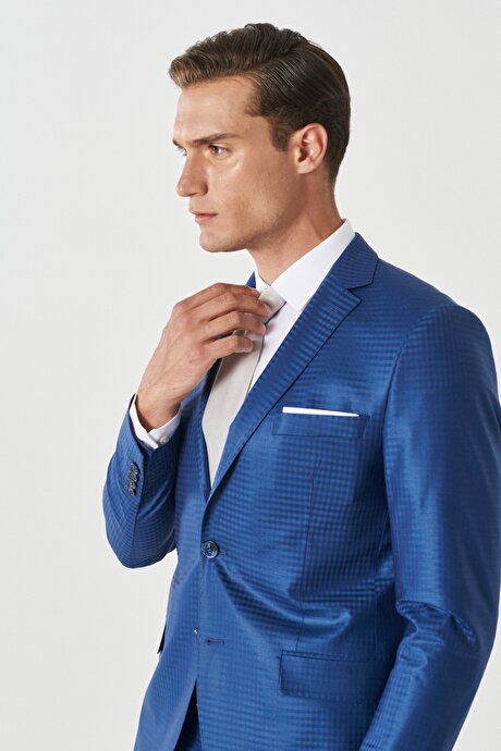 Ekstra Slim Fit Dar Kesim Mono Yaka Kareli Klasik Mavi Takım Elbise resmi