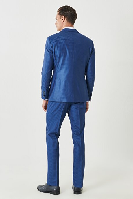 Ekstra Slim Fit Dar Kesim Mono Yaka Kareli Klasik Mavi Takım Elbise resmi