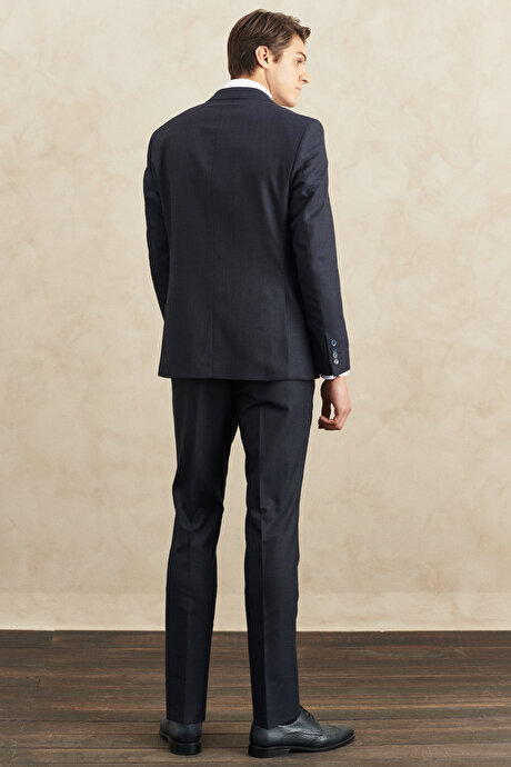 Slim Fit Dar Kesim Mono Yaka Desenli Lacivert-Kahverengi Takım Elbise resmi