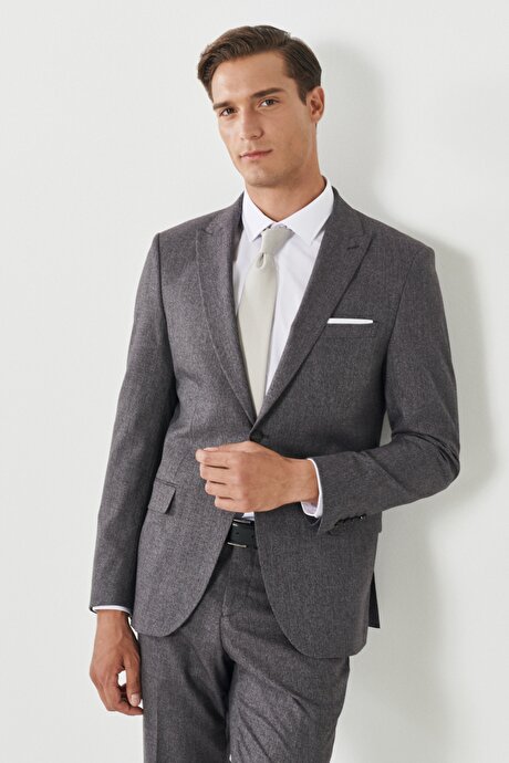 Slim Fit Dar Kesim Kırlangıç Yaka Desenli Bordo Takım Elbise resmi