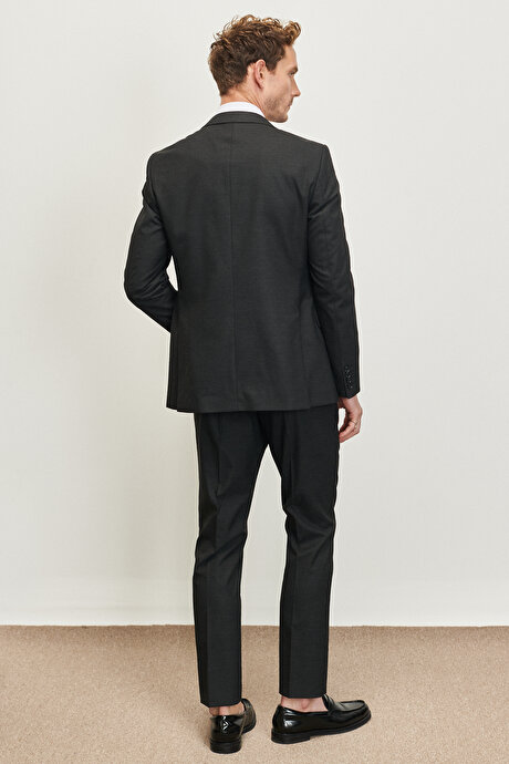 Slim Fit Dar Kesim Mono Yaka Çizgili Antrasit Takım Elbise resmi