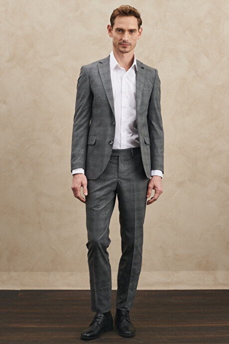 Ekstra Slim Fit Dar Kesim Mono Yaka Kareli Gri Takım Elbise resmi