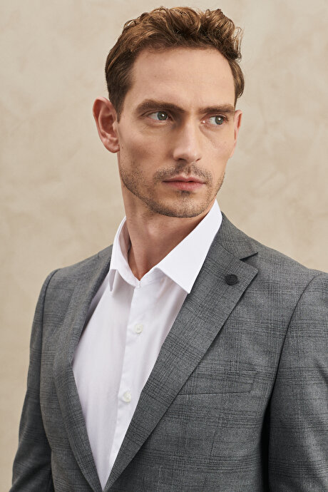Ekstra Slim Fit Dar Kesim Mono Yaka Kareli Gri Takım Elbise resmi