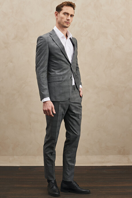 Ekstra Slim Fit Dar Kesim Mono Yaka Kareli Gri Takım Elbise resmi