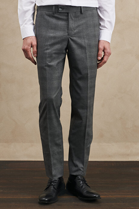 Ekstra Slim Fit Dar Kesim Mono Yaka Kareli Gri Takım Elbise resmi