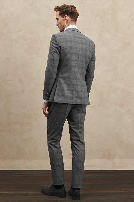 Ekstra Slim Fit Dar Kesim Mono Yaka Kareli Gri Takım Elbise resmi