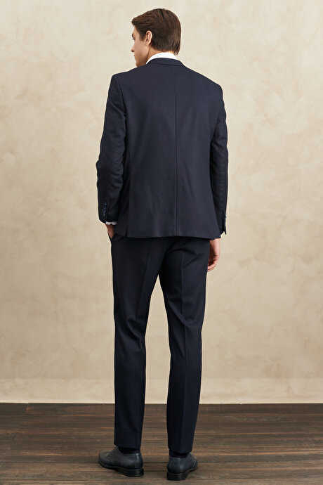 Regular Fit Geniş Kesim Mono Yaka Armürlü Lacivert Takım Elbise resmi