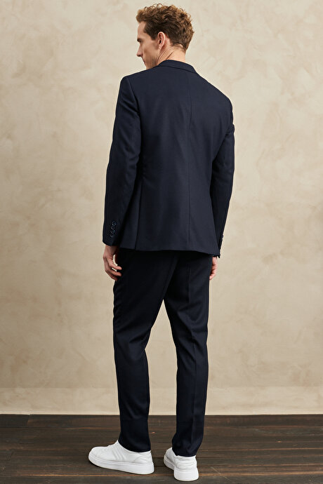 Regular Fit Geniş Kesim Mono Yaka Armürlü Lacivert Takım Elbise resmi