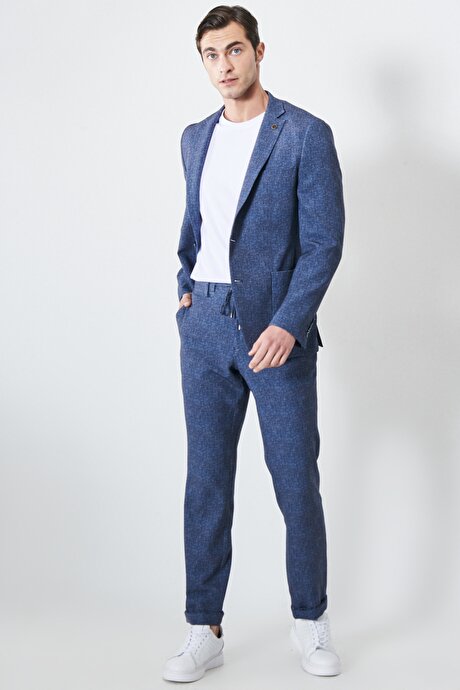 Slim Fit Dar Kesim Mono Yaka Armürlü Lacivert-Beyaz Takım Elbise resmi