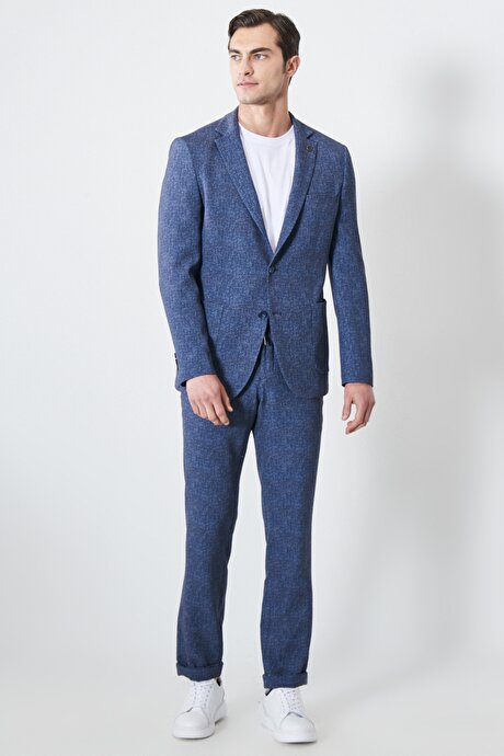 Slim Fit Dar Kesim Mono Yaka Armürlü Lacivert-Beyaz Takım Elbise resmi